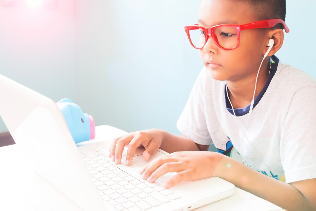 Little boy child using laptop computer