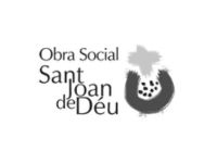 Logo for Obra Social Sant Joan de Déu with the name in stacked text and a circular brush emblem in grayscale.