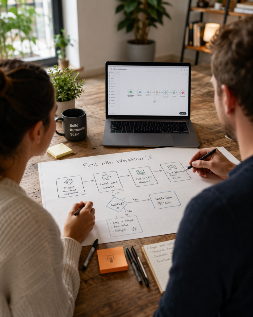 Two people collaborate at a wooden table, sketching a workflow on a large sheet while a laptop shows a process diagram. A mug that says 'Build Automate Scale' sits nearby, along with sticky notes and markers.