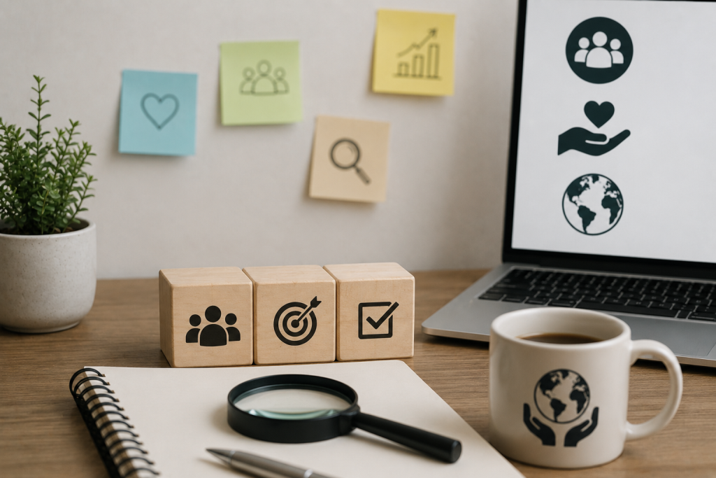 Three wooden blocks on a desk show team, target, and checklist icons; a laptop, globe mug, magnifier, notebook, and plant nearby.