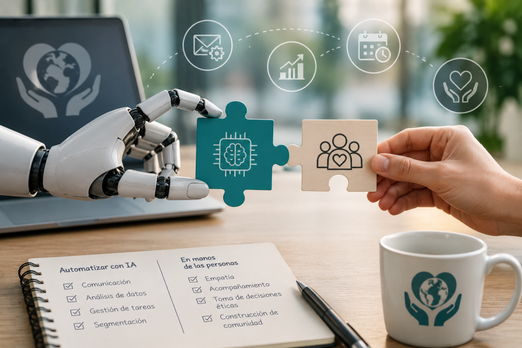 Robot hand connects a teal AI-chip puzzle piece to a wooden piece with a people icon, illustrating AI-human collaboration.