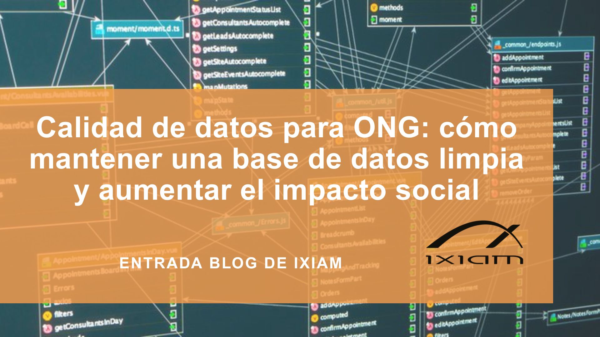 Blog header: orange overlay with Spanish title about NGO data quality and a background data diagram; includes IXIAM logo.