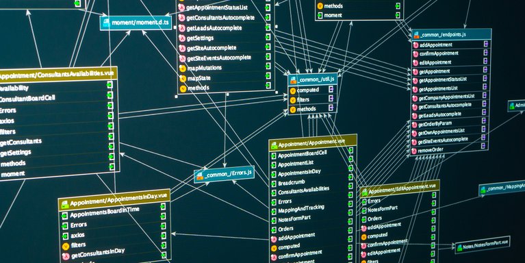 Complex software architecture diagram showing interconnected modules and files in a codebase.